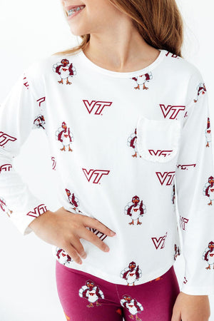 Virginia Tech White Hokie L/S Ruffle Pocket Tee-Mila & Rose ®