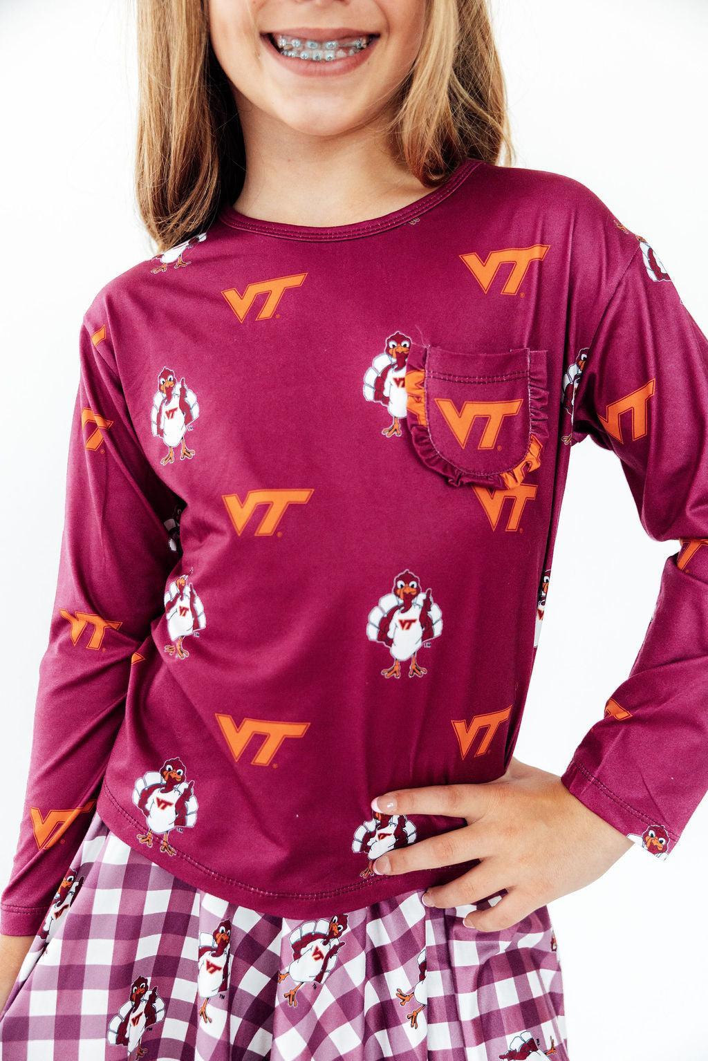 Virginia Tech Maroon Hokie L/S Ruffle Pocket Tee-Mila & Rose ®
