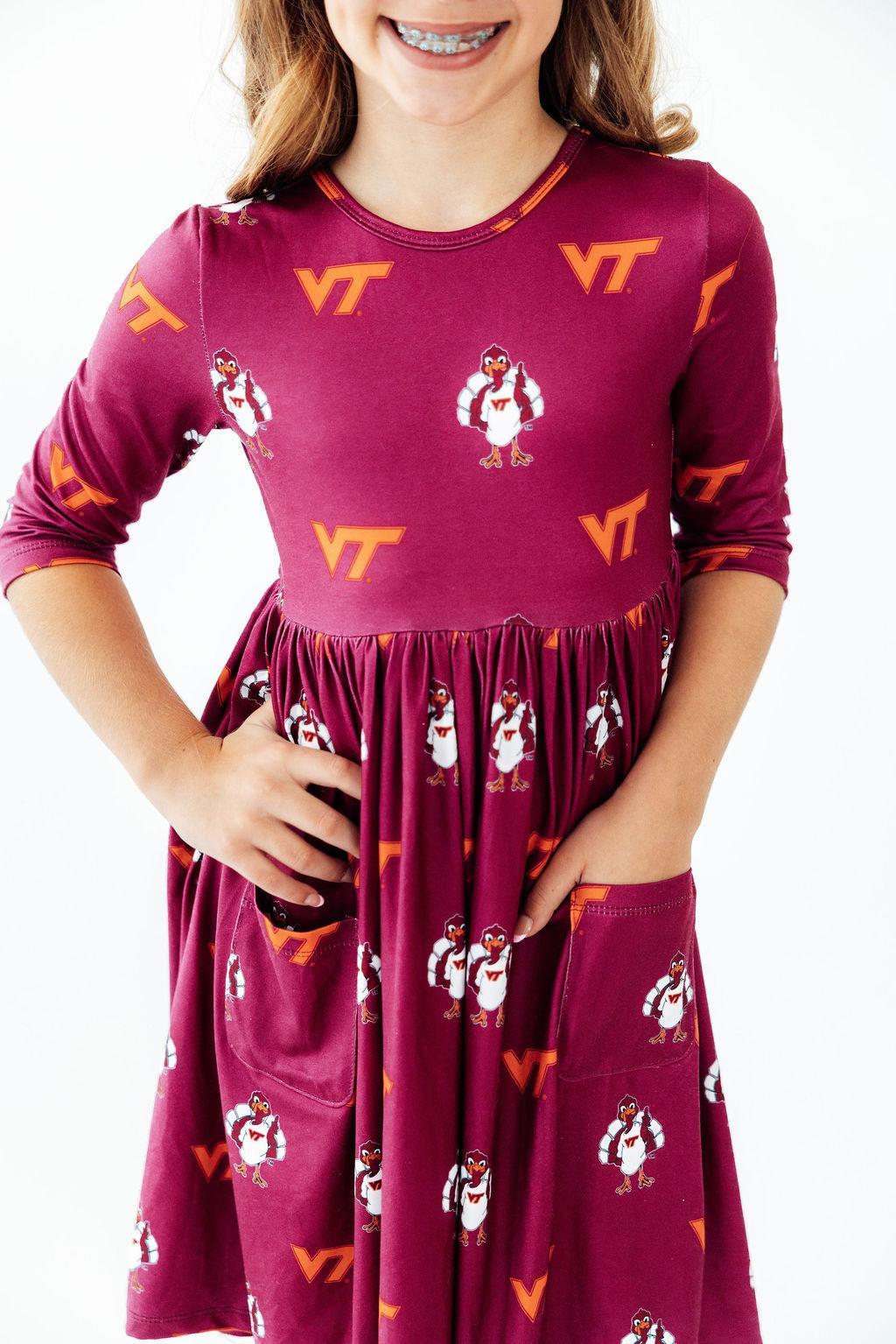 Virginia Tech Maroon Hokie 3/4 Sleeve Pocket Twirl Dress-Mila & Rose ®