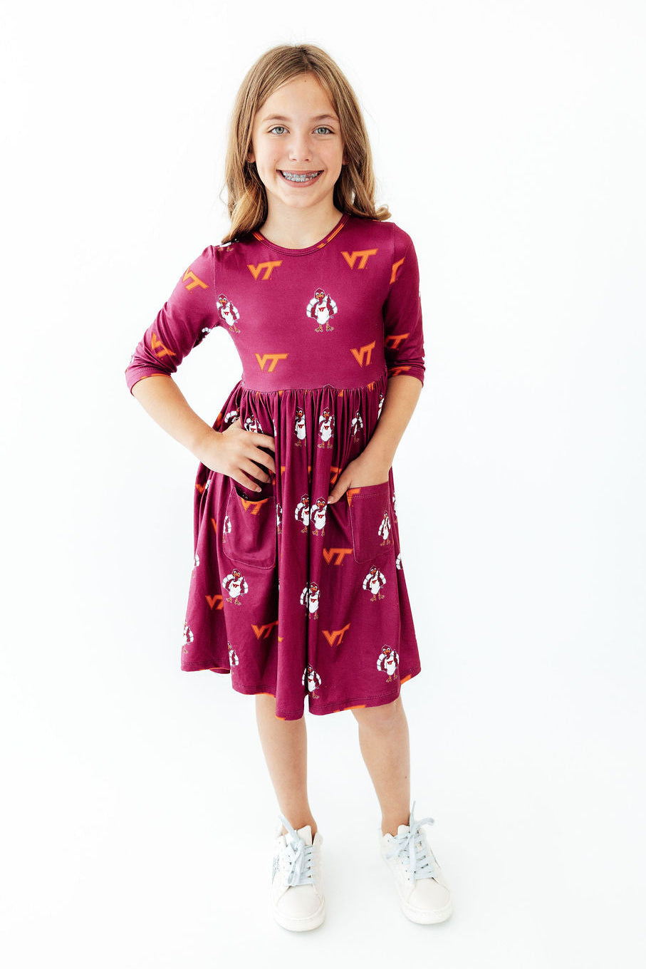 Virginia Tech Maroon Hokie 3/4 Sleeve Pocket Twirl Dress-Mila & Rose ®