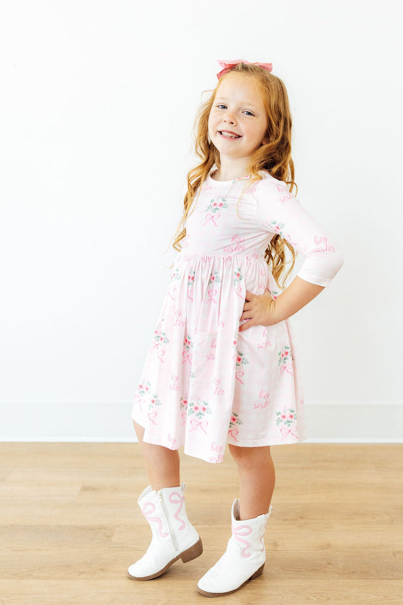 Big Sister Floral 3/4 Sleeve Pocket Twirl Dress-Mila & Rose ®