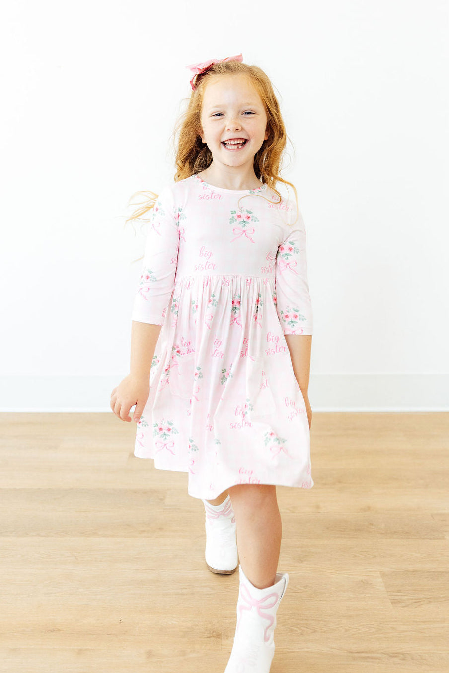 Big Sister Floral 3/4 Sleeve Pocket Twirl Dress-Mila & Rose ®