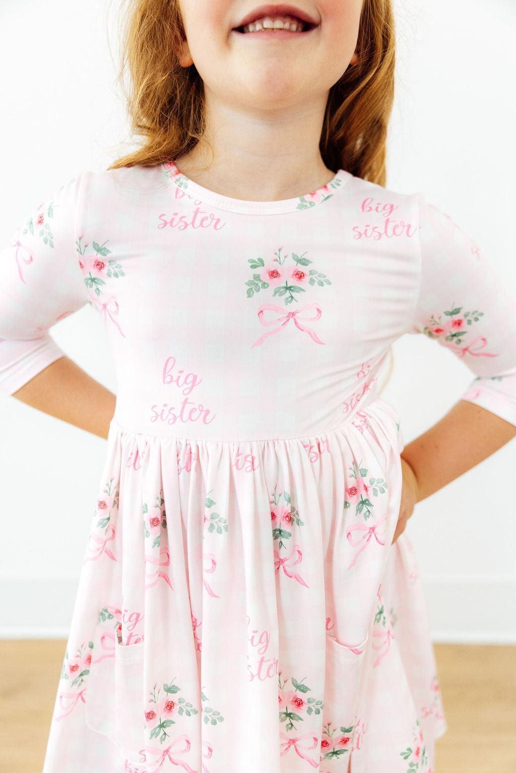 Big Sister Floral 3/4 Sleeve Pocket Twirl Dress-Mila & Rose ®