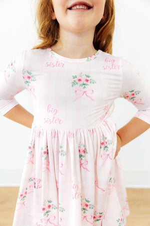 Big Sister Floral 3/4 Sleeve Pocket Twirl Dress-Mila & Rose ®