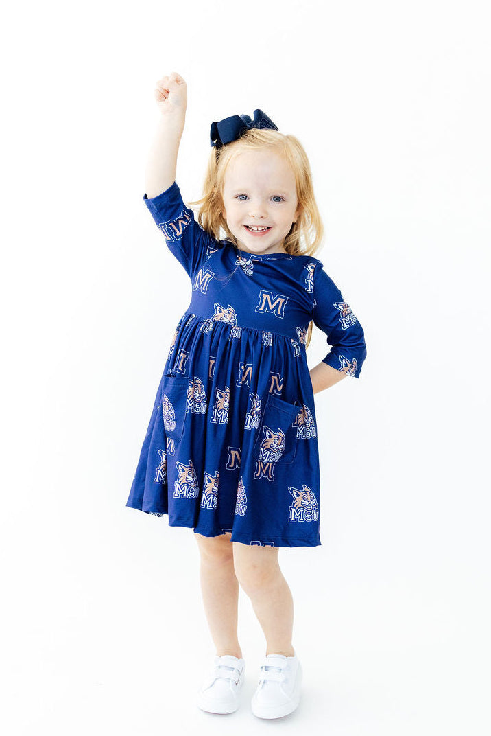 Montana State University Blue Bobcat 3/4 Sleeve Pocket Twirl Dress-Mila & Rose ®