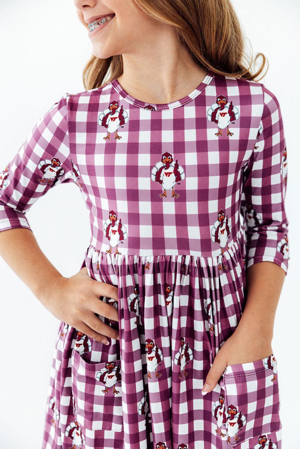 Virginia Tech Plaid Hokie 3/4 Sleeve Pocket Twirl Dress-Mila & Rose ®
