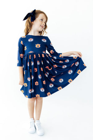 Auburn Blue Aubie 3/4 Sleeve Pocket Twirl Dress-Mila & Rose ®