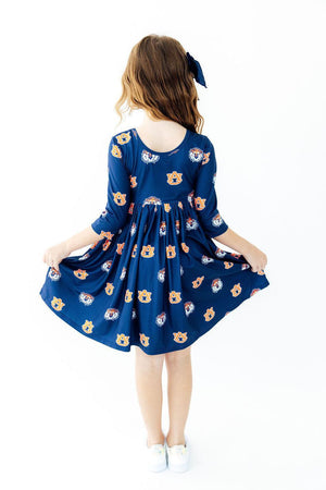 Auburn Blue Aubie 3/4 Sleeve Pocket Twirl Dress-Mila & Rose ®