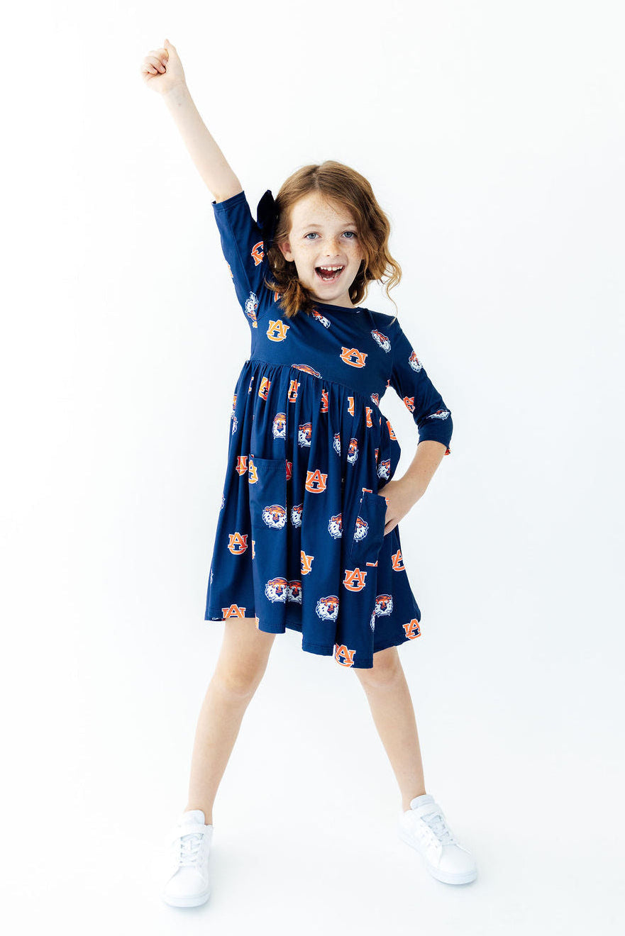 Auburn Blue Aubie 3/4 Sleeve Pocket Twirl Dress-Mila & Rose ®