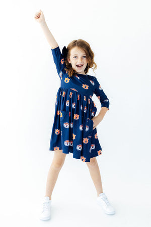 Auburn Blue Aubie 3/4 Sleeve Pocket Twirl Dress-Mila & Rose ®
