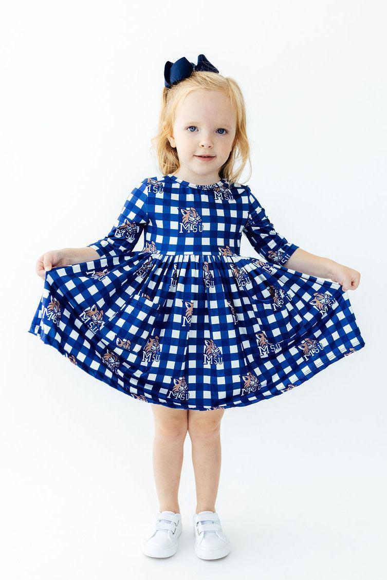 Montana State University Plaid Bobcat 3/4 Sleeve Pocket Twirl Dress