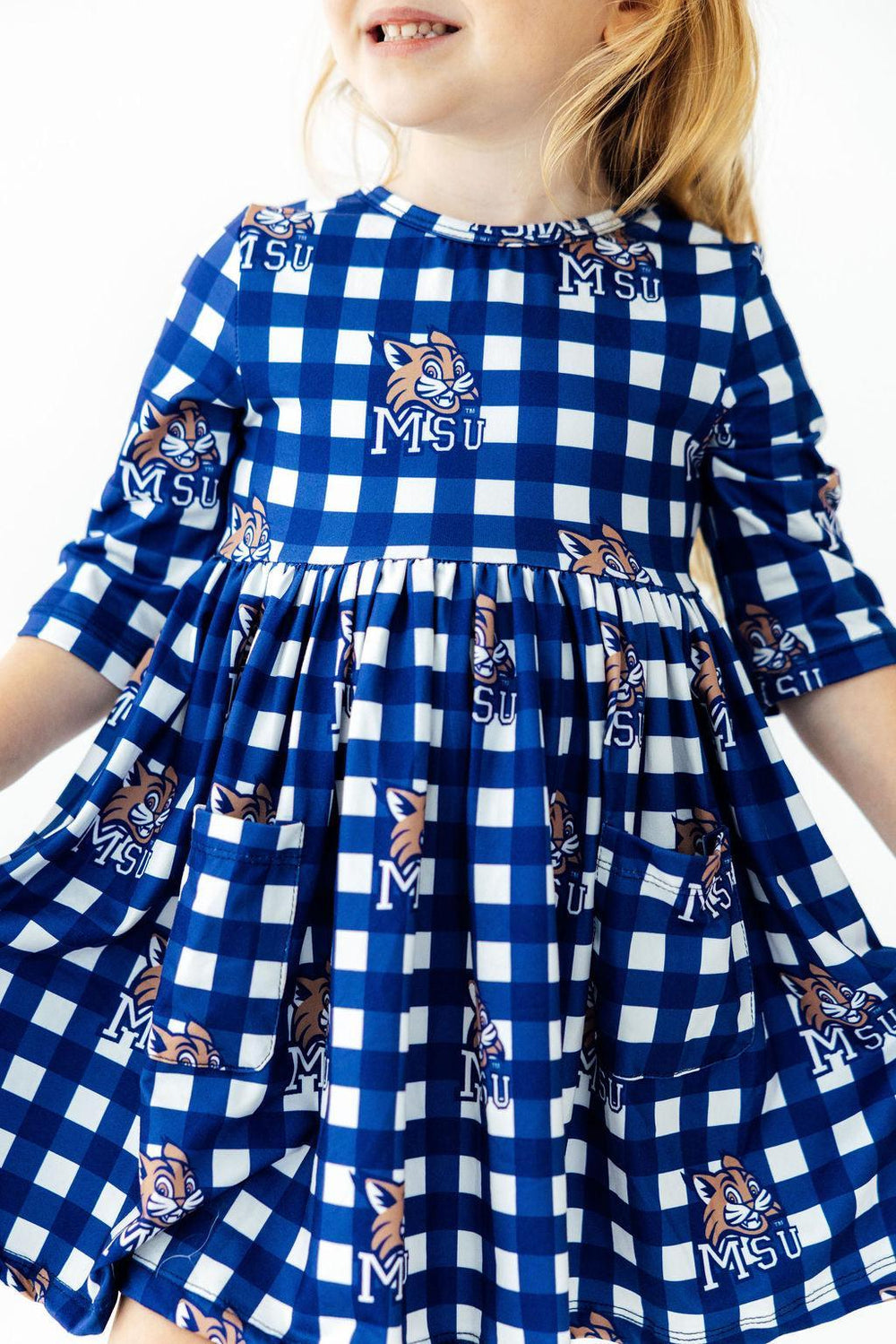 Montana State University Plaid Bobcat 3/4 Sleeve Pocket Twirl Dress-Mila & Rose ®