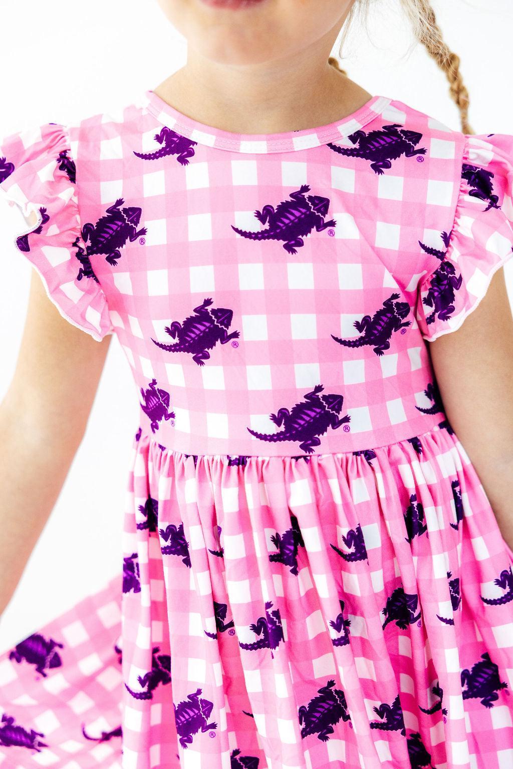 Girls' Tcu Pink Gingham Frog Flutter Twirl Dress Size: 3T Toddler By Mila & Rose