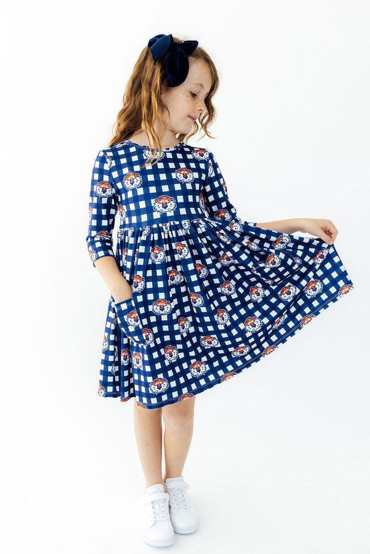 Auburn Plaid Aubie 3/4 Sleeve Pocket Twirl Dress-Mila & Rose ®