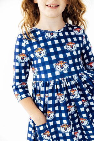 Auburn Plaid Aubie 3/4 Sleeve Pocket Twirl Dress-Mila & Rose ®