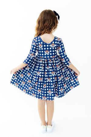 Auburn Plaid Aubie 3/4 Sleeve Pocket Twirl Dress-Mila & Rose ®