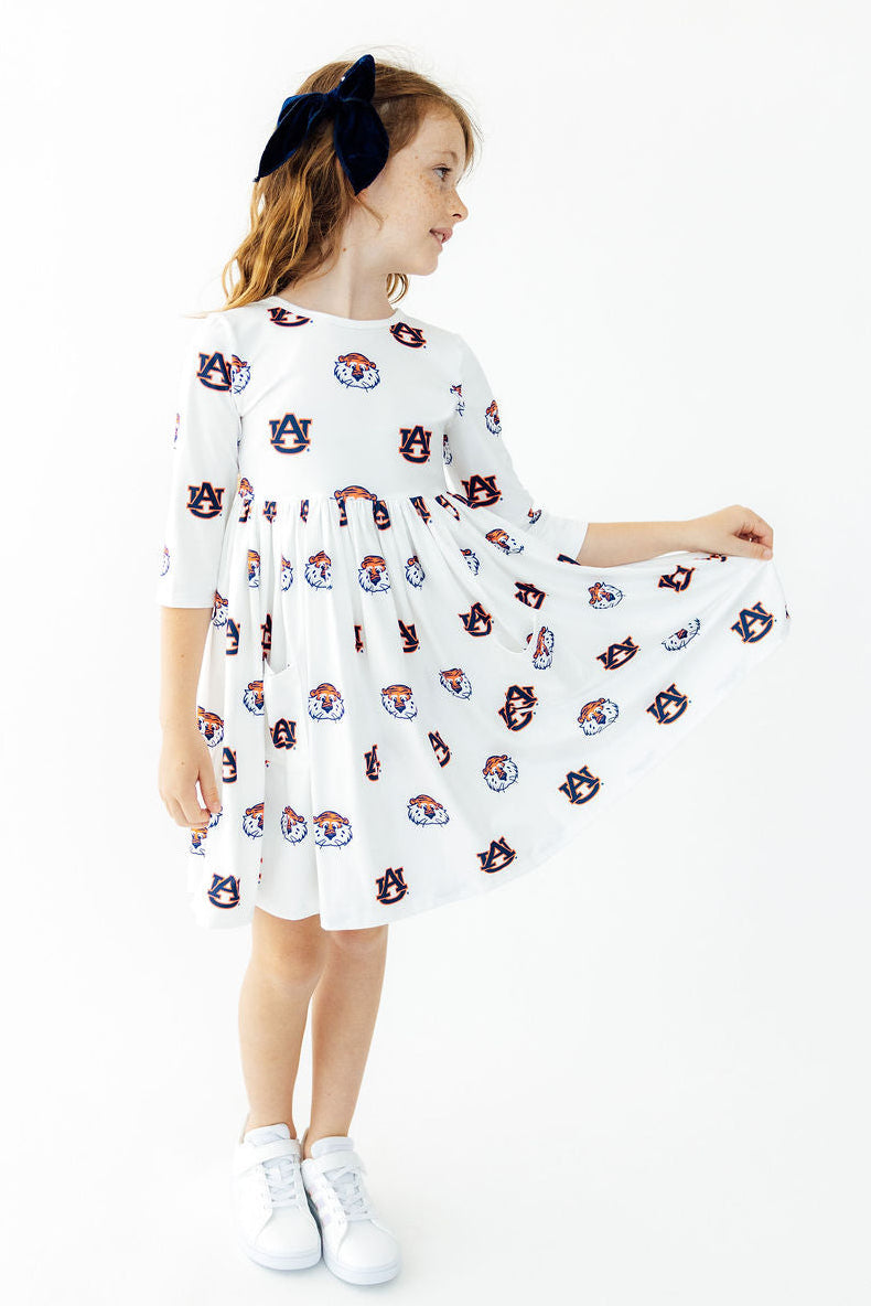 Auburn White Aubie 3/4 Sleeve Pocket Twirl Dress-Mila & Rose ®