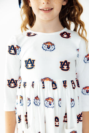 Auburn White Aubie 3/4 Sleeve Pocket Twirl Dress-Mila & Rose ®