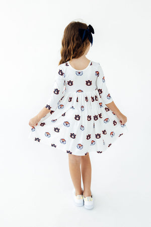 Auburn White Aubie 3/4 Sleeve Pocket Twirl Dress-Mila & Rose ®