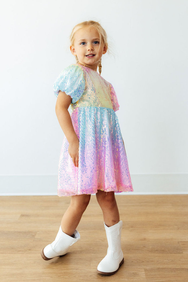 Ombre Puff Sleeve Sequin Dress-Mila & Rose ®