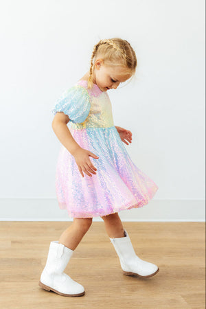 Ombre Puff Sleeve Sequin Dress-Mila & Rose ®