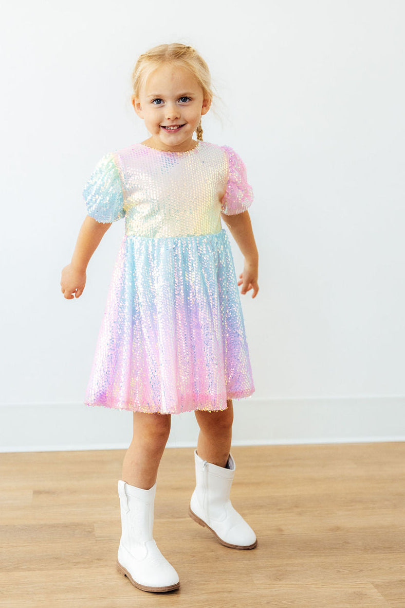 Ombre Puff Sleeve Sequin Dress-Mila & Rose ®