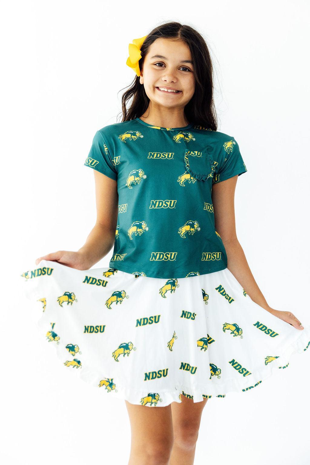North Dakota State University Green Bison Ruffle Pocket Tee-Mila & Rose ®