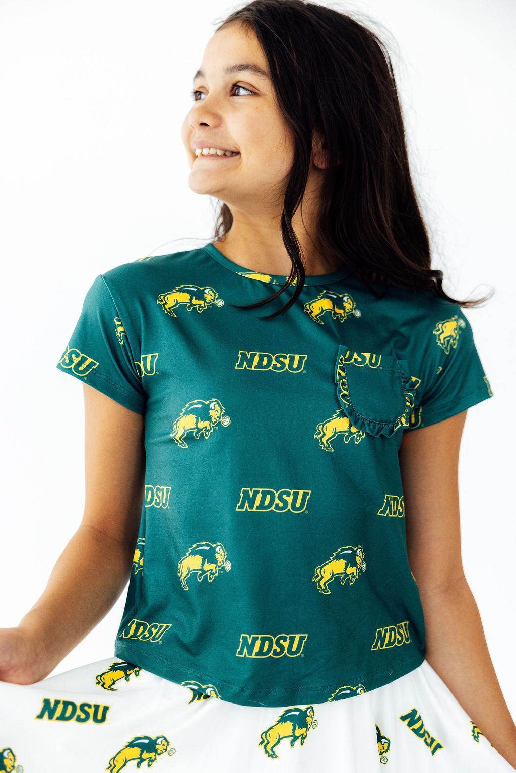 North Dakota State University Green Bison Ruffle Pocket Tee-Mila & Rose ®