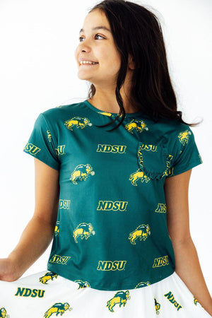North Dakota State University Green Bison Ruffle Pocket Tee-Mila & Rose ®