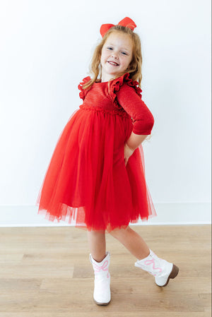 Red Shimmer 3/4 Sleeve Tutu Dress