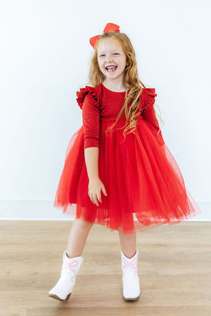Red Shimmer 3/4 Sleeve Tutu Dress