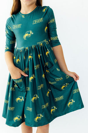 North Dakota State University Green Bison 3/4 Sleeve Pocket Twirl Dress