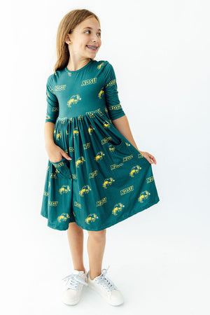 North Dakota State University Green Bison 3/4 Sleeve Pocket Twirl Dress