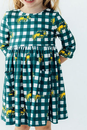 North Dakota State University Plaid Bison 3/4 Sleeve Pocket Twirl Dress