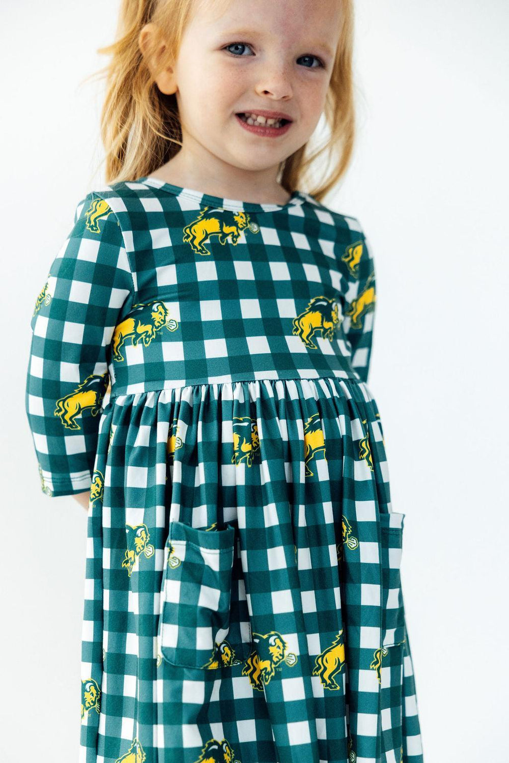 North Dakota State University Plaid Bison 3/4 Sleeve Pocket Twirl Dress-Mila & Rose ®