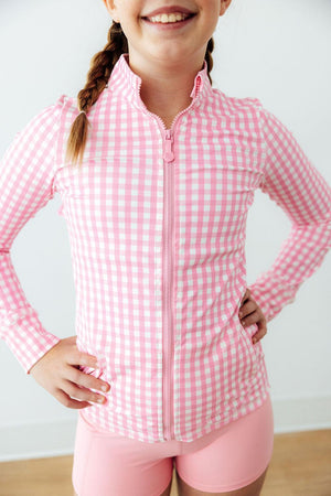 Go-Getter Gingham Full-Zip Ruffle Active Jacket-Mila & Rose ®