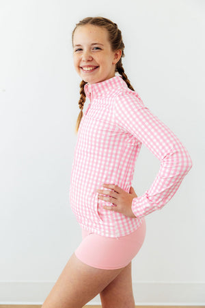 Go-Getter Gingham Full-Zip Ruffle Active Jacket-Mila & Rose ®