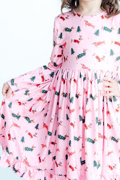 Dachshund Through the Snow L/S Ruffle Hem Twirl Dress-Mila & Rose ®