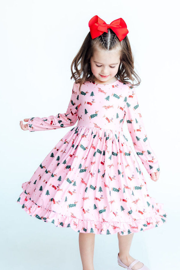 Dachshund Through the Snow L/S Ruffle Hem Twirl Dress-Mila & Rose ®
