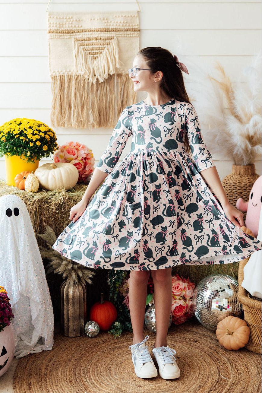 Hocus Purr-cus 3/4 Sleeve Pocket Twirl Dress-Mila & Rose ®