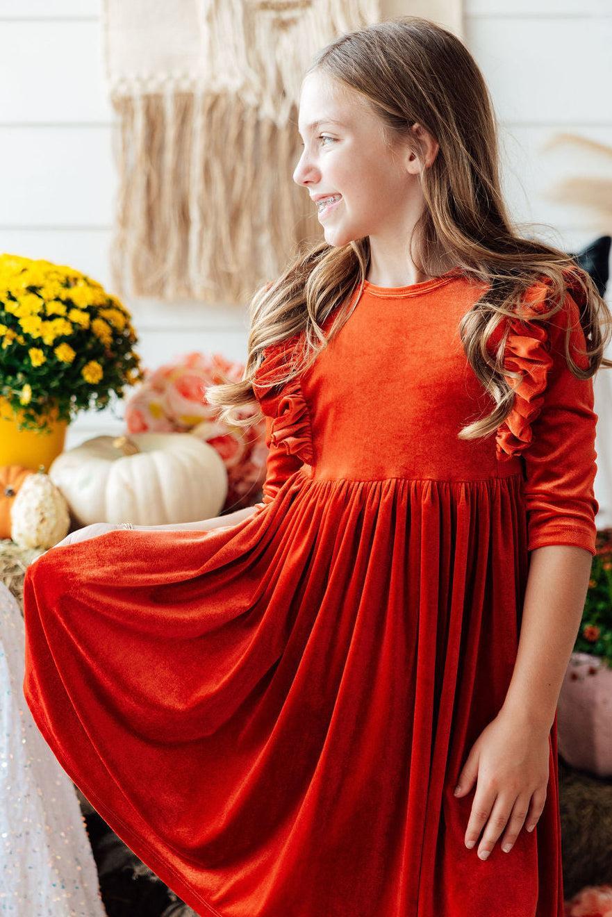 Pumpkin Spice Velvet Ruffle Twirl Dress-Mila & Rose ®