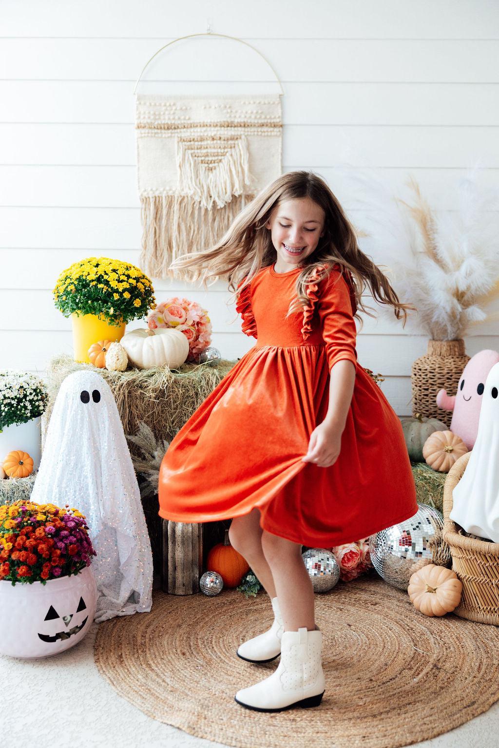 Pumpkin Spice Velvet Ruffle Twirl Dress-Mila & Rose ®