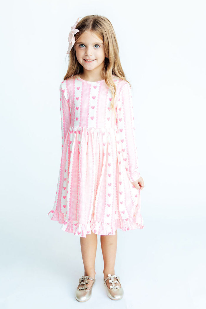 (S) Sweetheart Stripe L/S Ruffle Hem Twirl Dress-Mila & Rose ®