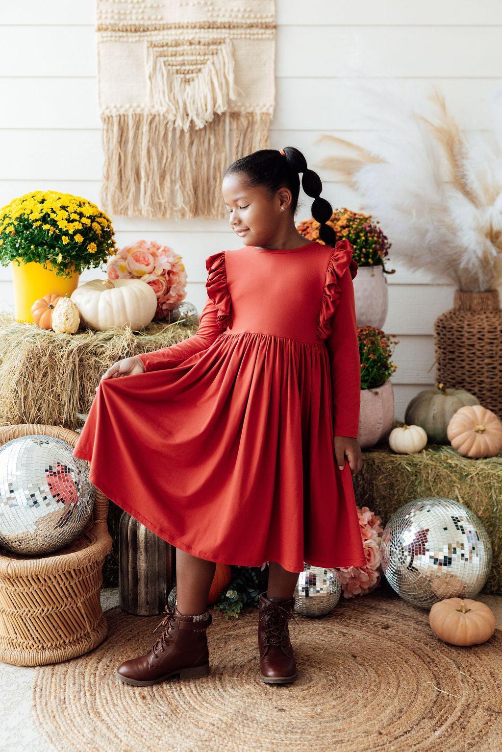 Pumpkin Spice L/S Ruffle Twirl Dress-Mila & Rose ®