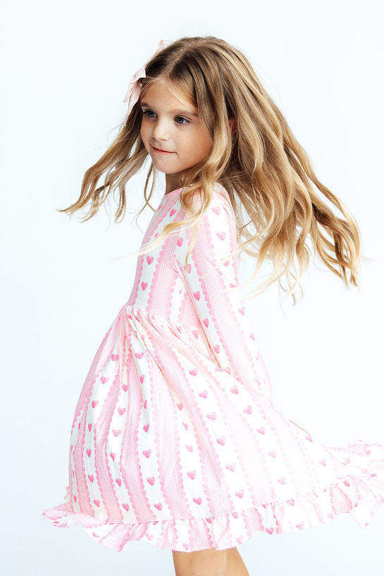 (S) Sweetheart Stripe L/S Ruffle Hem Twirl Dress-Mila & Rose ®