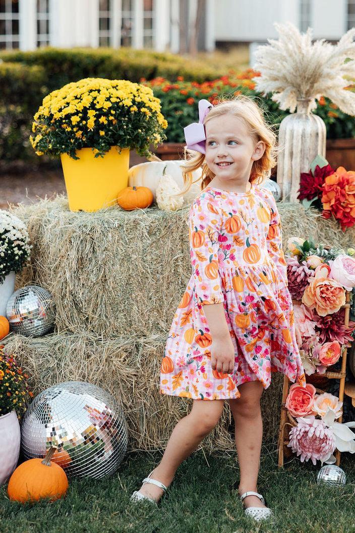 Pumpkin Party 3/4 Sleeve Pocket Twirl Dress-Mila & Rose ®