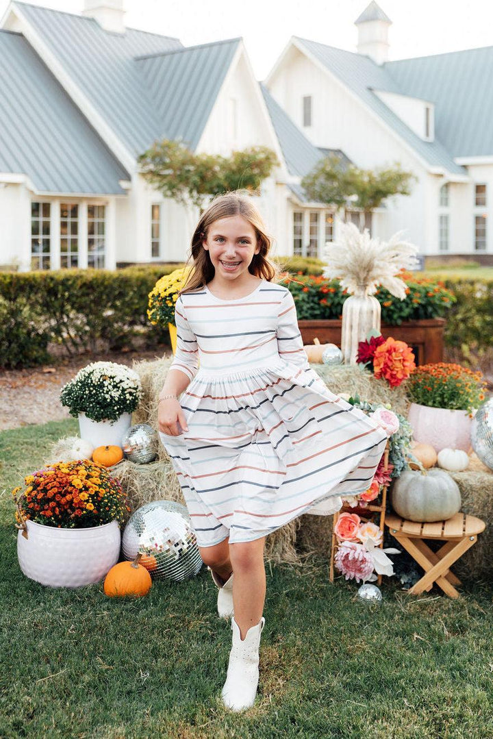 Fall Stripes 3/4 Sleeve Pocket Twirl Dress-Mila & Rose ®
