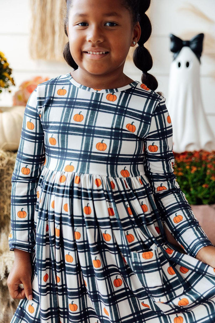 Plaid Pumpkins L/S Pocket Twirl Dress-Mila & Rose ®