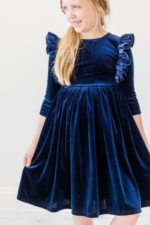 Navy Velvet Ruffle Twirl Dress-Mila & Rose ®