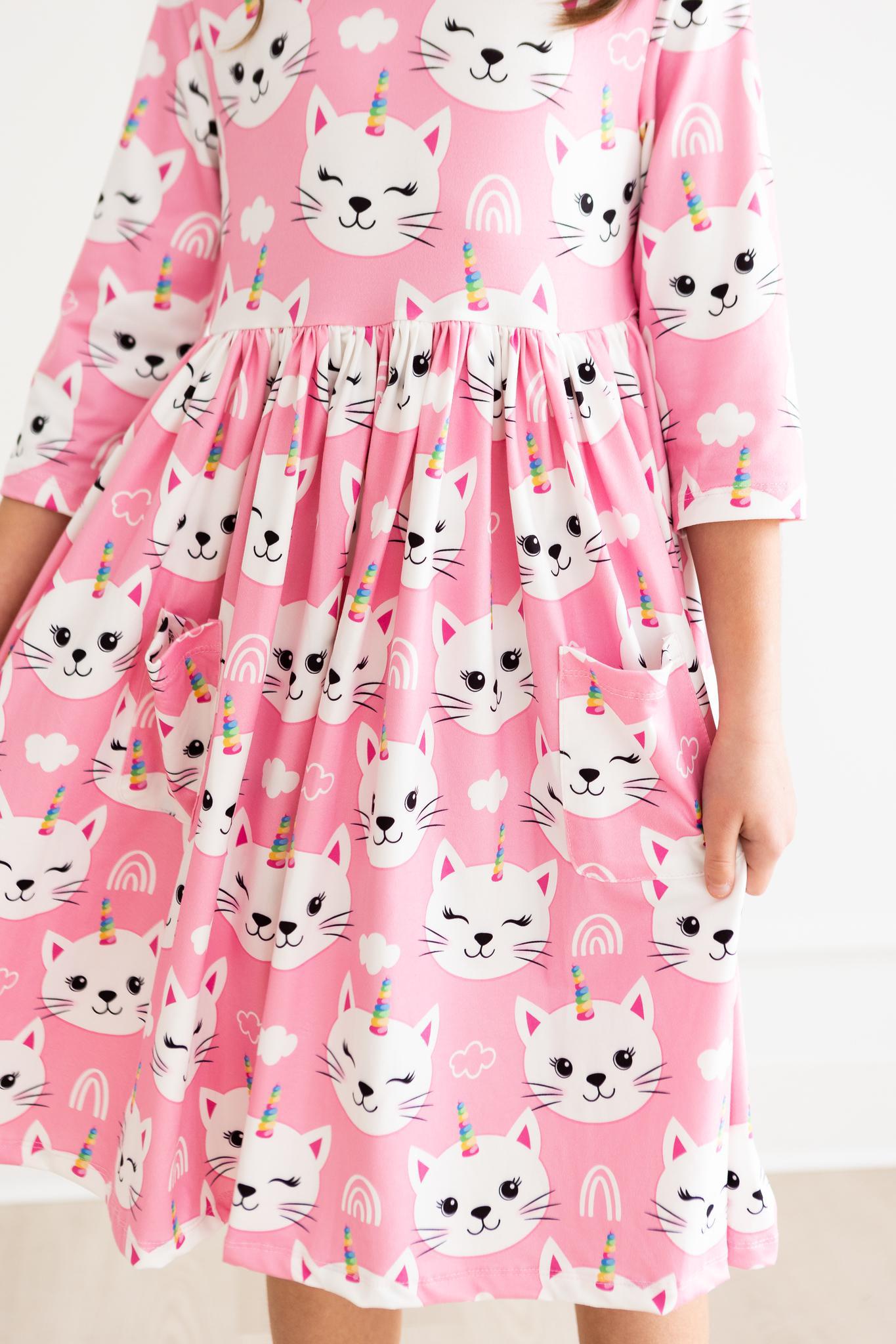 Unicorn Kitties 3/4 Sleeve Pocket Twirl Dress-Mila & Rose ®